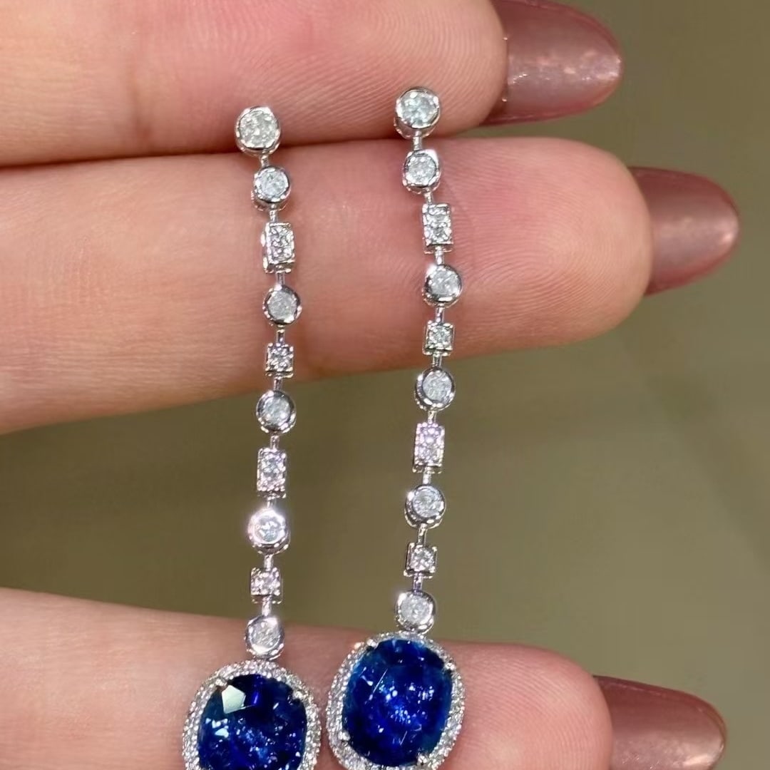 14k Gold 2.8 Ct Natural Sapphire & Diamond Earrings - 6
