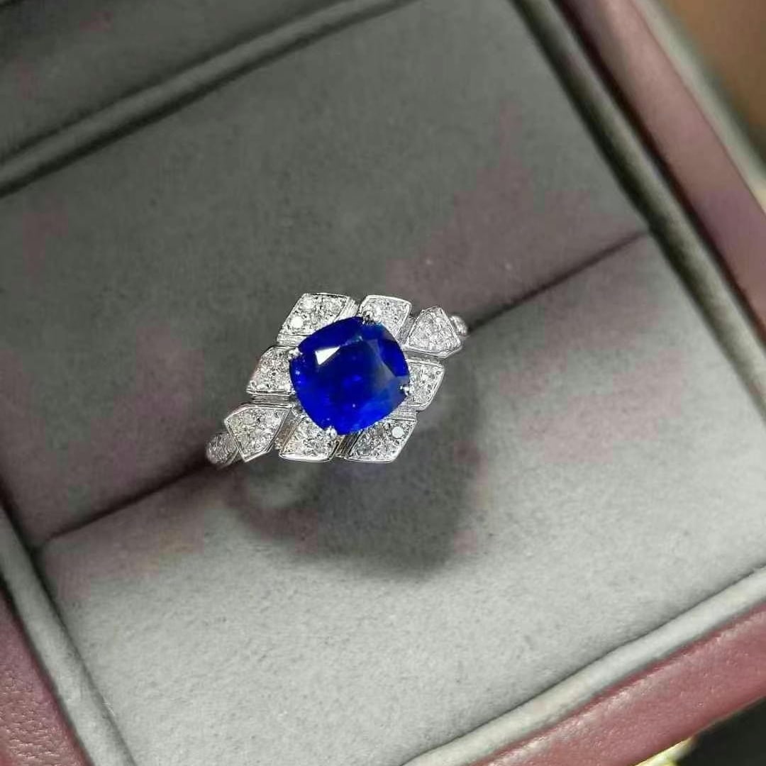 14k Gold 1.97 Ctw Natural Sapphire & Diamond Ring: Ref:230995249 // gold content:14k gold // ring size:7. 25us // // main gemstone:sapphire // shape:cushion // carat weight:1. 62ct // color:blue // treatment:natural // // adjacent gemstone 2 : diamond
