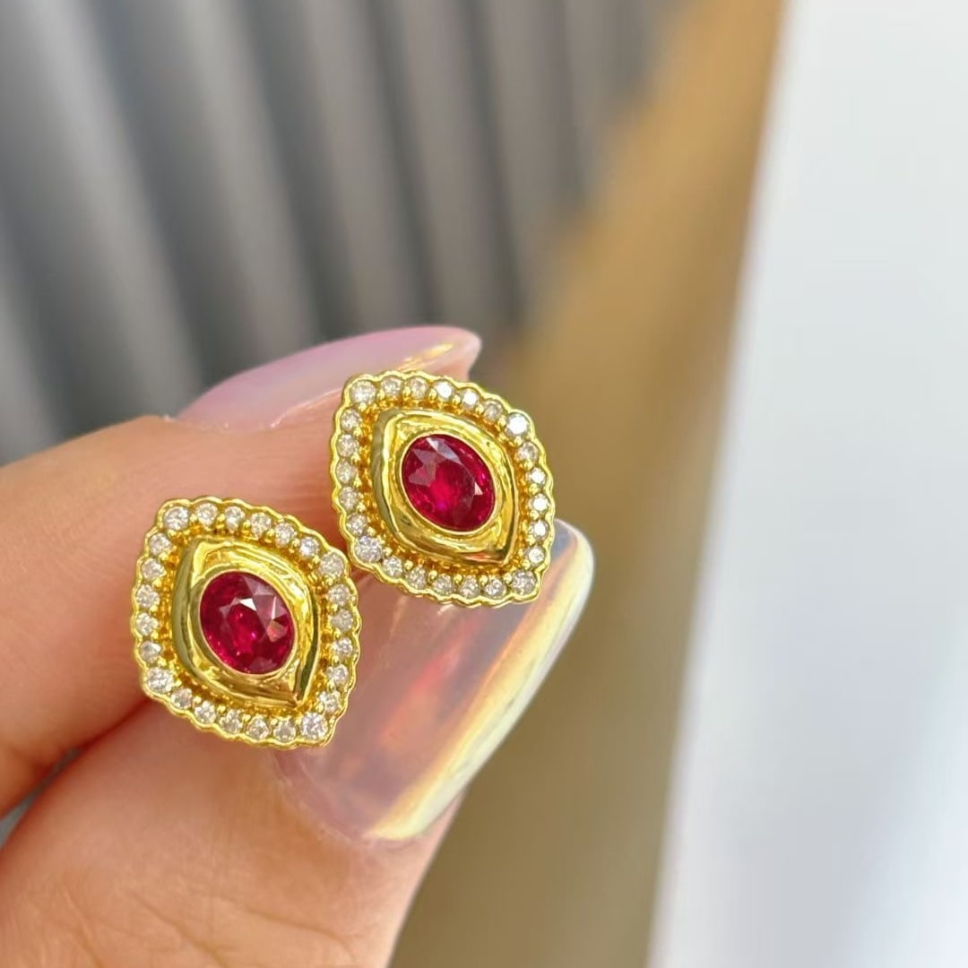 14k Gold 0.5 Ct Natural Ruby & Diamond Earrings - 2