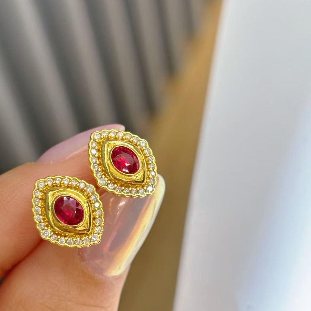 14k Gold 0.5 Ct Natural Ruby & Diamond Earrings - 3