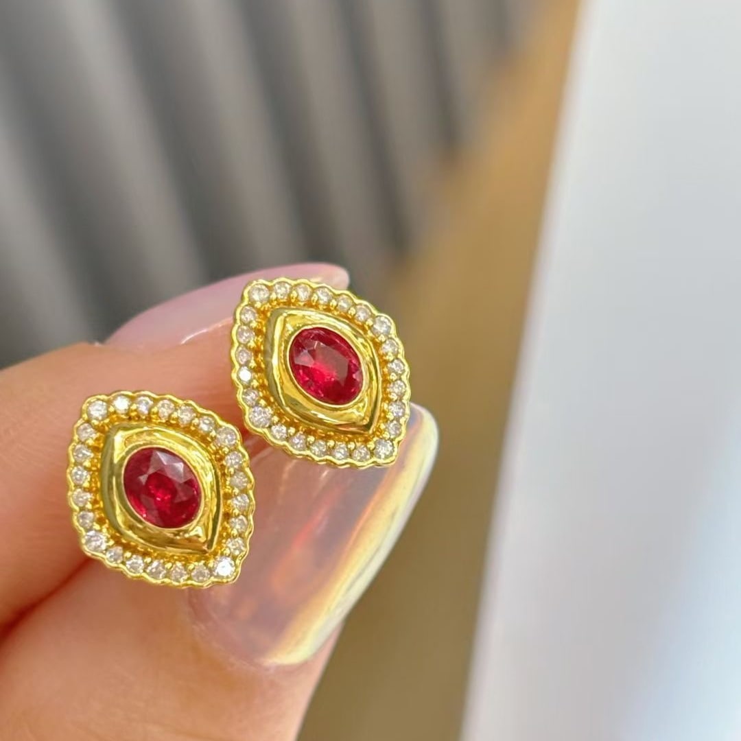14k Gold 0.5 Ct Natural Ruby & Diamond Earrings - 4