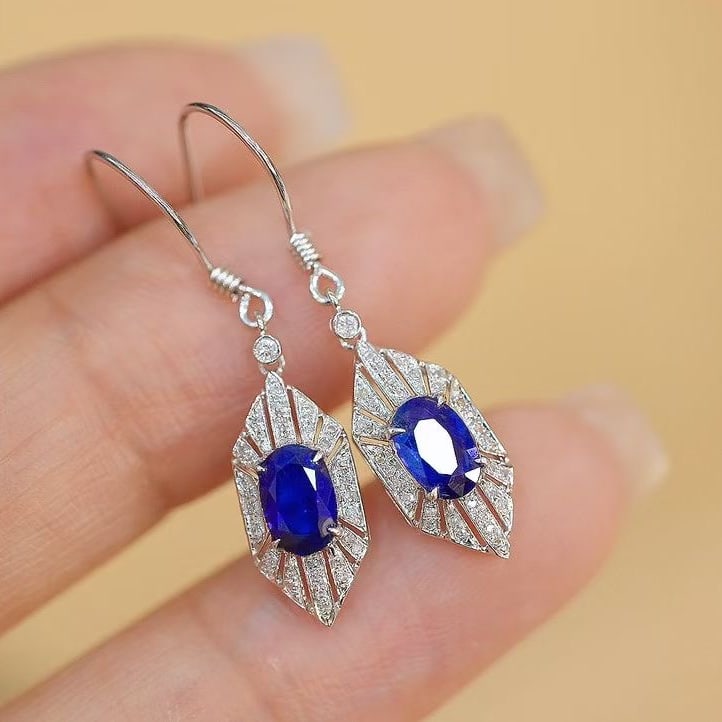14k Gold 1 Ct Natural Sapphire & Diamond Earrings - 2