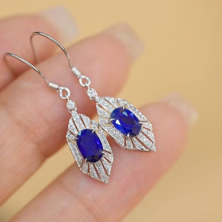 14k Gold 1 Ct Natural Sapphire & Diamond Earrings - 3