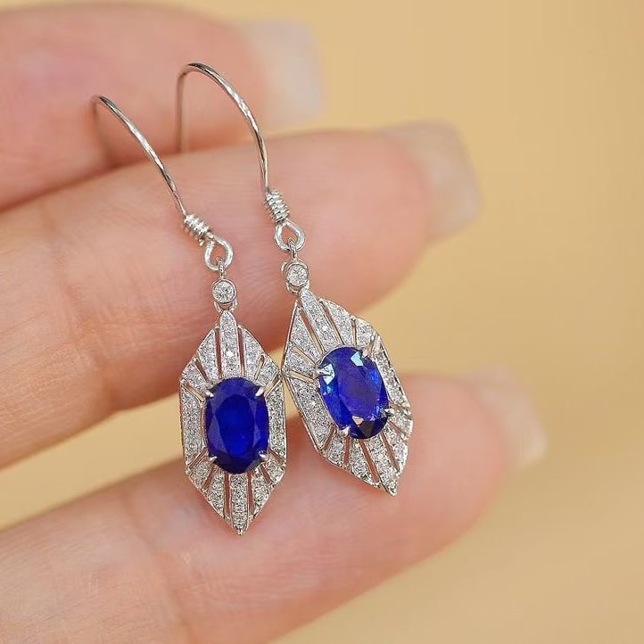 14k Gold 1 Ct Natural Sapphire & Diamond Earrings - 4