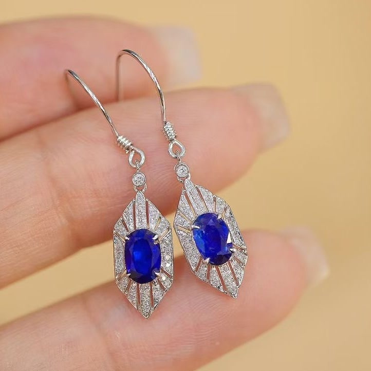 14k Gold 1 Ct Natural Sapphire & Diamond Earrings - 5