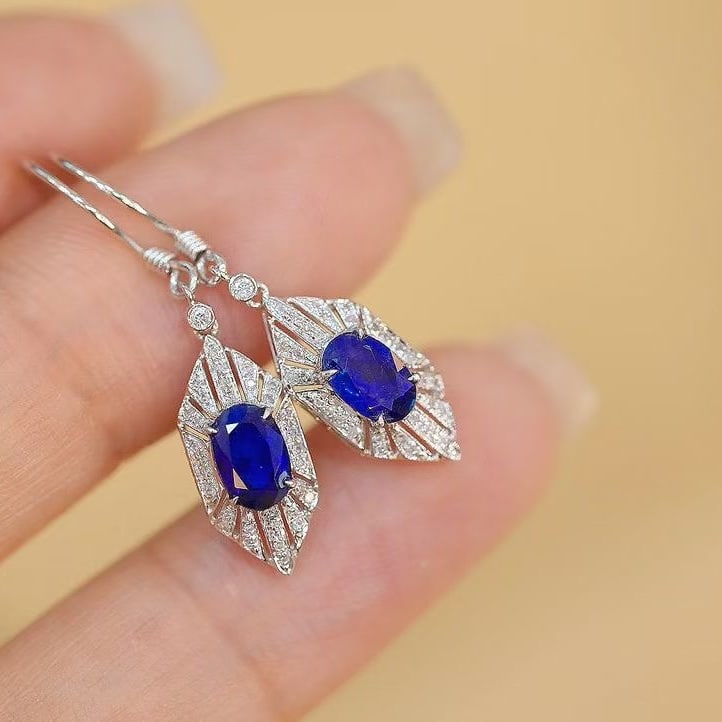 14k Gold 1 Ct Natural Sapphire & Diamond Earrings - 7