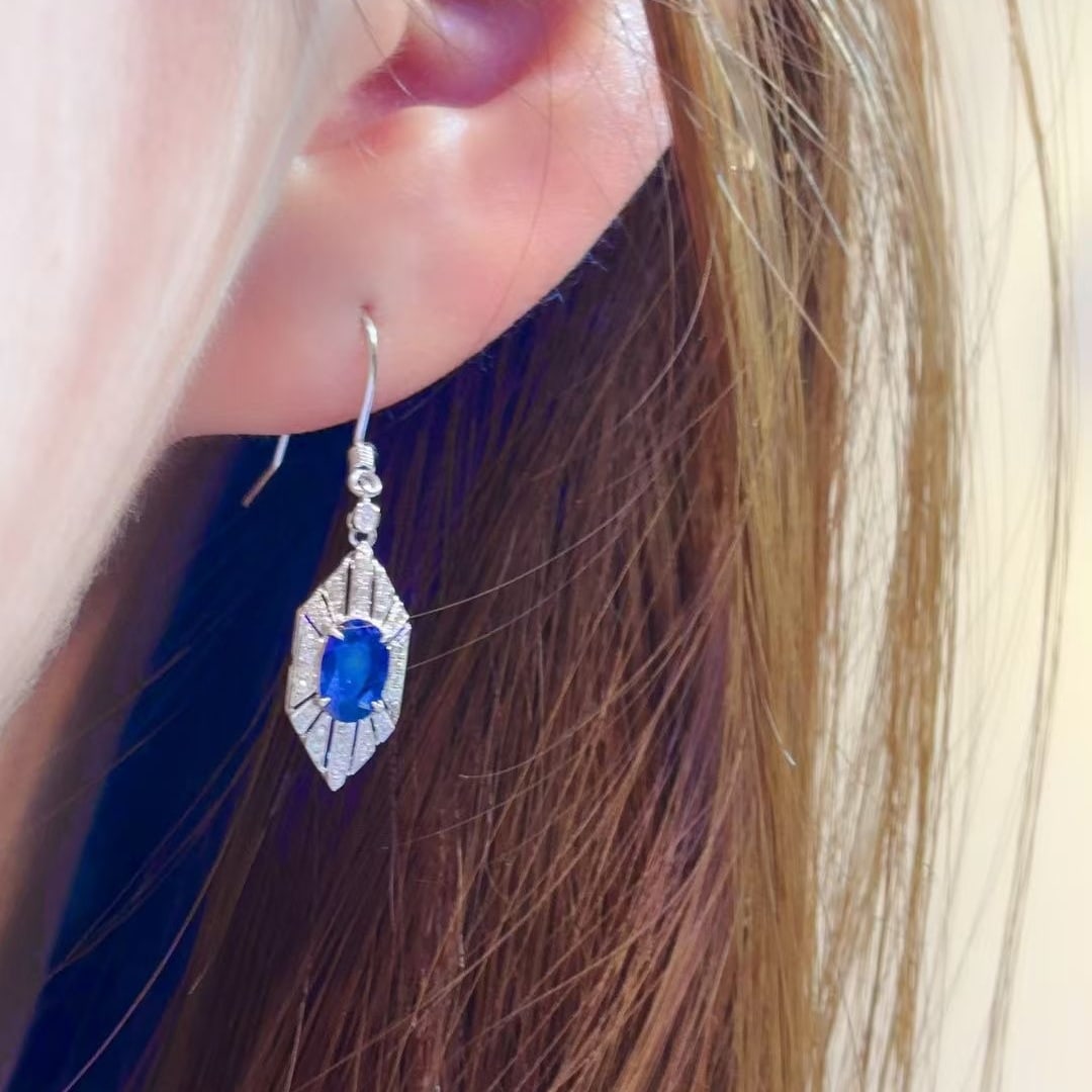 14k Gold 1 Ct Natural Sapphire & Diamond Earrings - 8