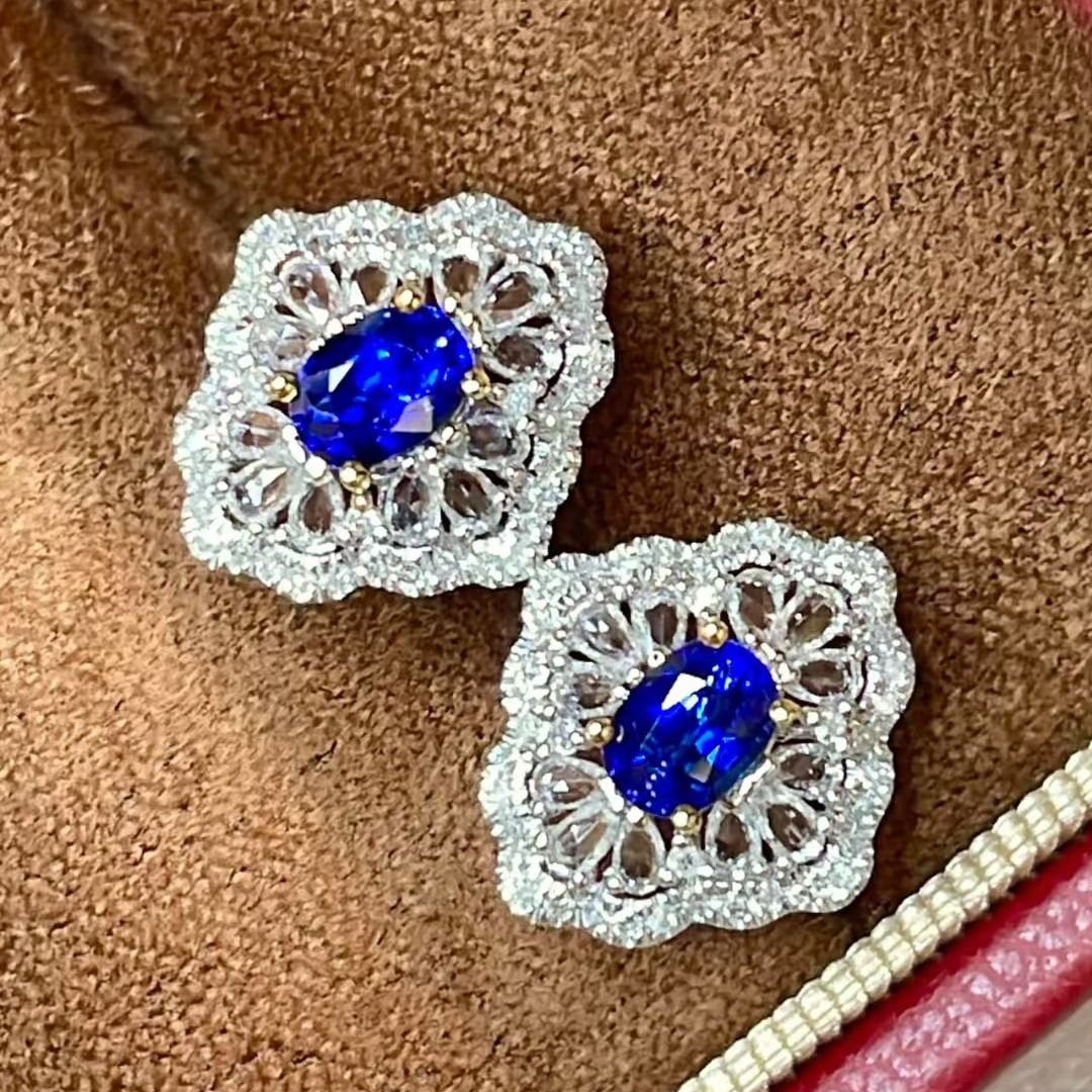 14k Gold 0.8 Ct Natural Sapphire & Diamond & Sapphire Earrings - 2