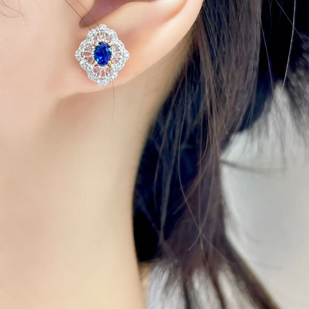 14k Gold 0.8 Ct Natural Sapphire & Diamond & Sapphire Earrings - 3