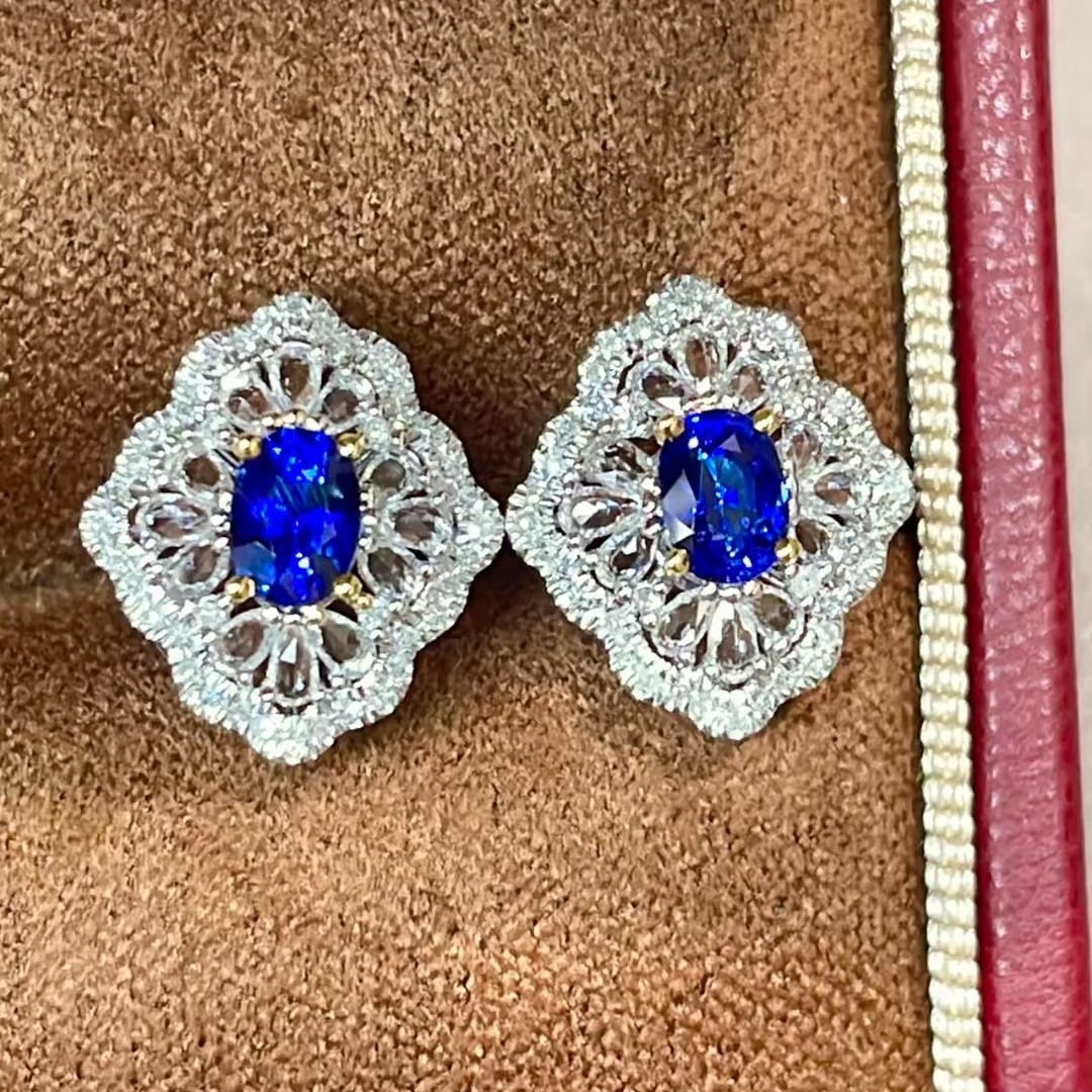 14k Gold 0.8 Ct Natural Sapphire & Diamond & Sapphire Earrings - 5