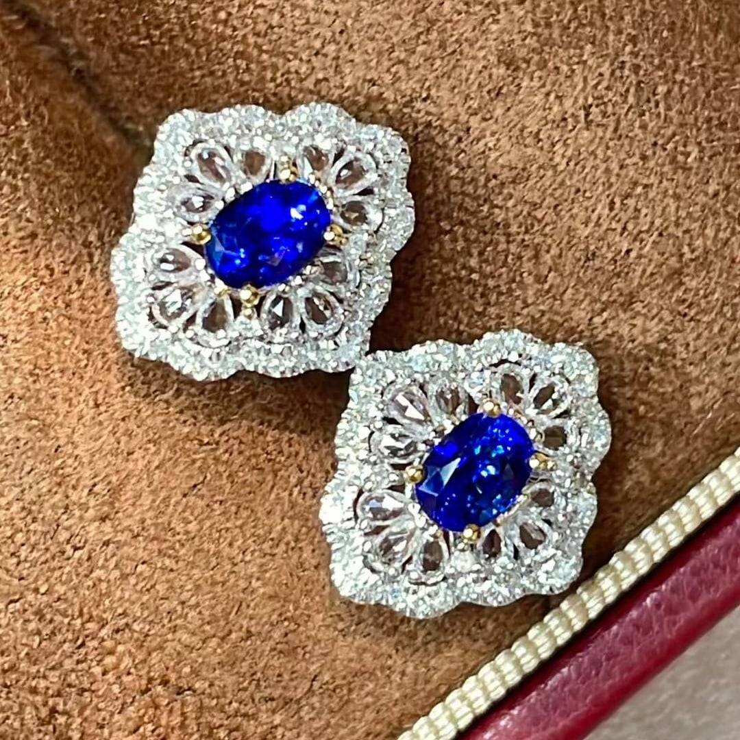 14k Gold 0.8 Ct Natural Sapphire & Diamond & Sapphire Earrings - 6
