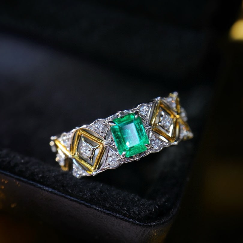 14k Gold 0.82 Ctw Vivid Green Natural Emerald & Diamond Ring: Ref:230996002 // gold content:14k gold // ring size:7. 25us // // main gemstone:emerald // shape:octagonal // carat weight:0. 53ct // color:vivid green // treatment:natural // // adjacent gemstone 2 :