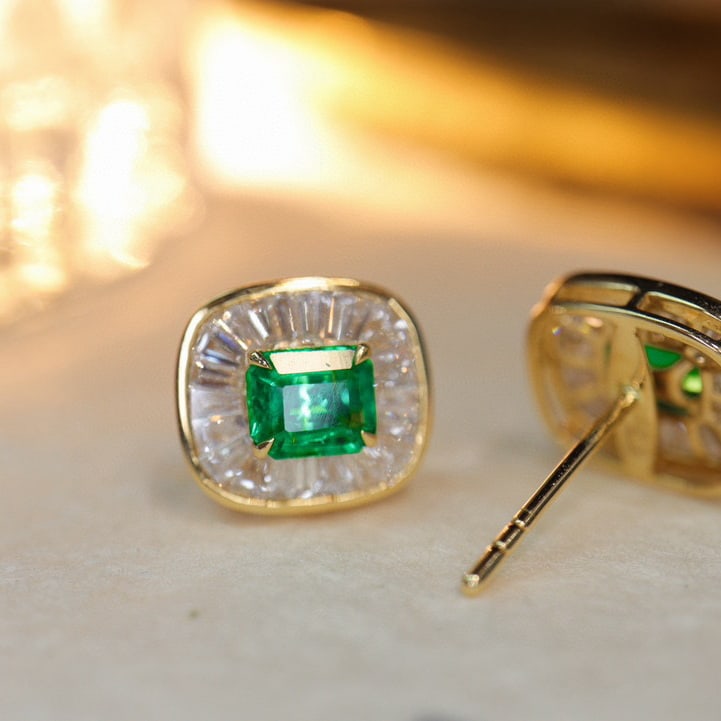 14k Gold 1.45 Ctw Vivid Green Natural Emerald & Diamond Earrings - 4