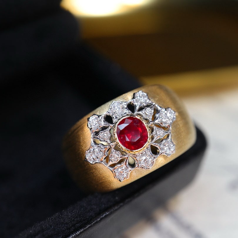 14k Gold 0.63 Ctw Natural Ruby & Diamond Ring: Ref:230996007 // gold content:14k gold // ring size:7. 25us // // main gemstone:ruby // shape:oval // carat weight:0. 49ct // color:pigeonblood red // treatment:natural // // adjacent gemstone 2 :