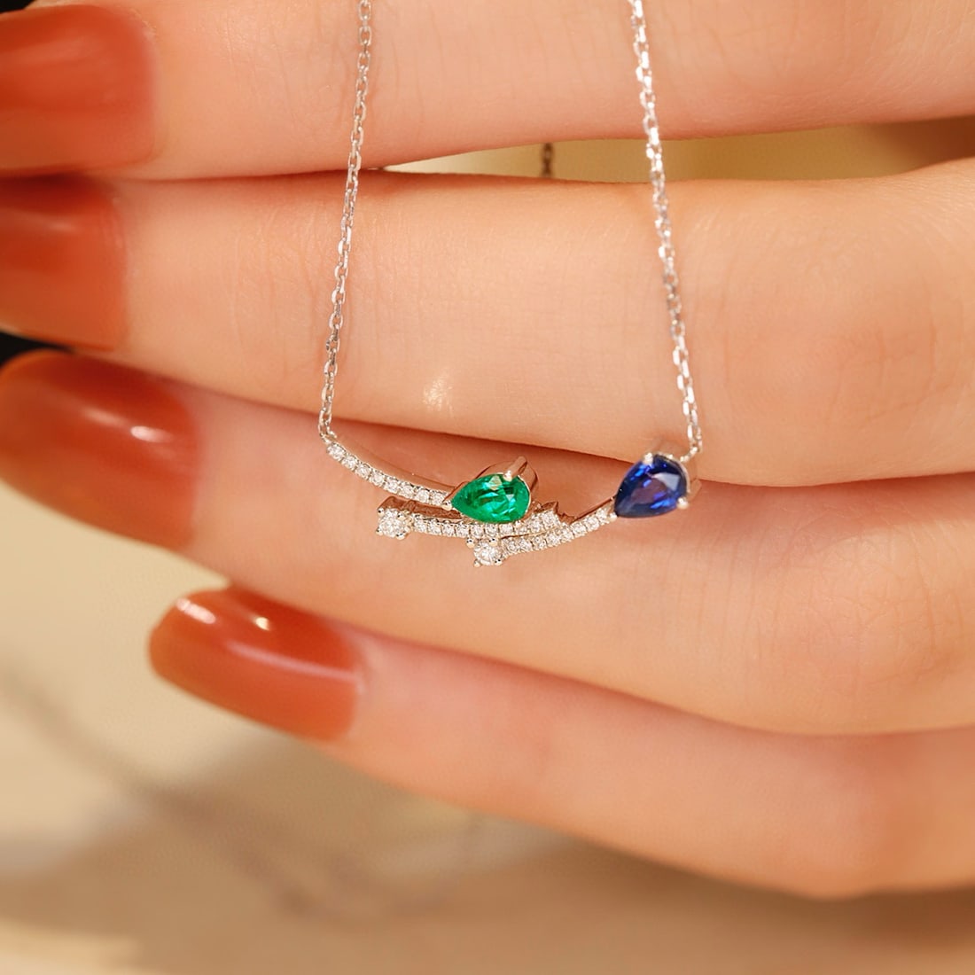 14k Gold 0.52 Ctw Natural Sapphire & Emerald & Toi Et Moi Necklace - 6