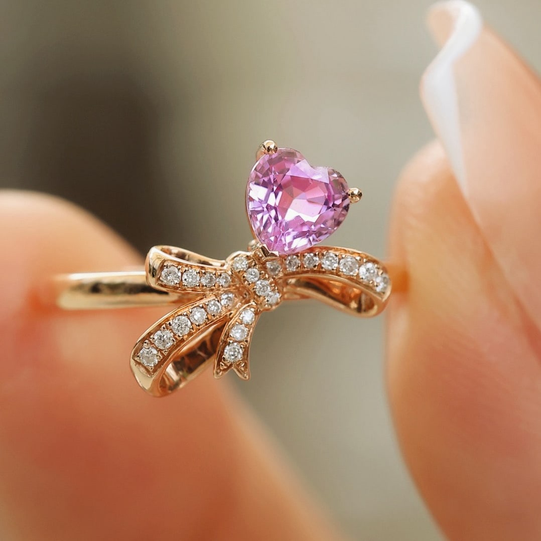 14k Gold 0.57 Ct Natural Sapphire & Diamond Ring: Ref:230996018 // gold content:14k gold // ring size:7. 25us // // main gemstone:sapphire // shape:heart // carat weight:0. 57ct // color:purple // treatment:natural // // adjacent gemstone 2 :