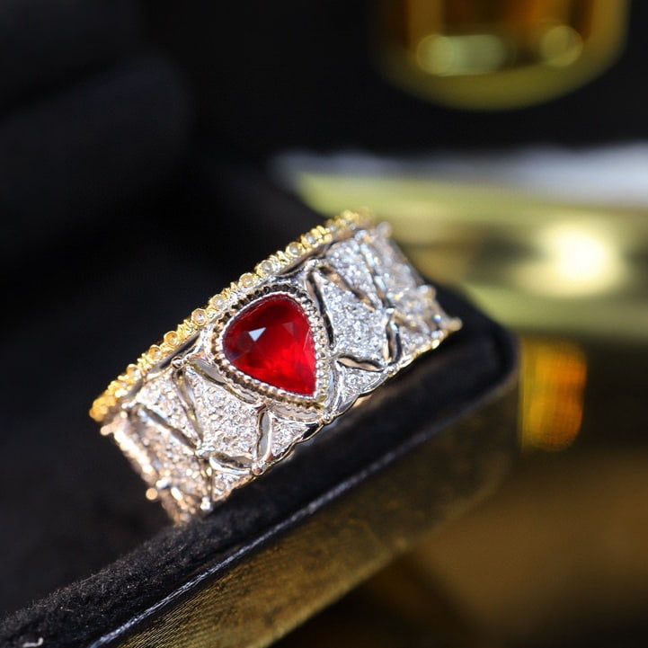 14k Gold 0.91 Ctw Natural Ruby & Diamond Ring: Ref:230996023 // gold content:14k gold // ring size:7. 25us // // main gemstone:ruby // shape:pear // carat weight:0. 58ct // color:pigeonblood red // treatment:natural // // adjacent gemstone 2 : dia