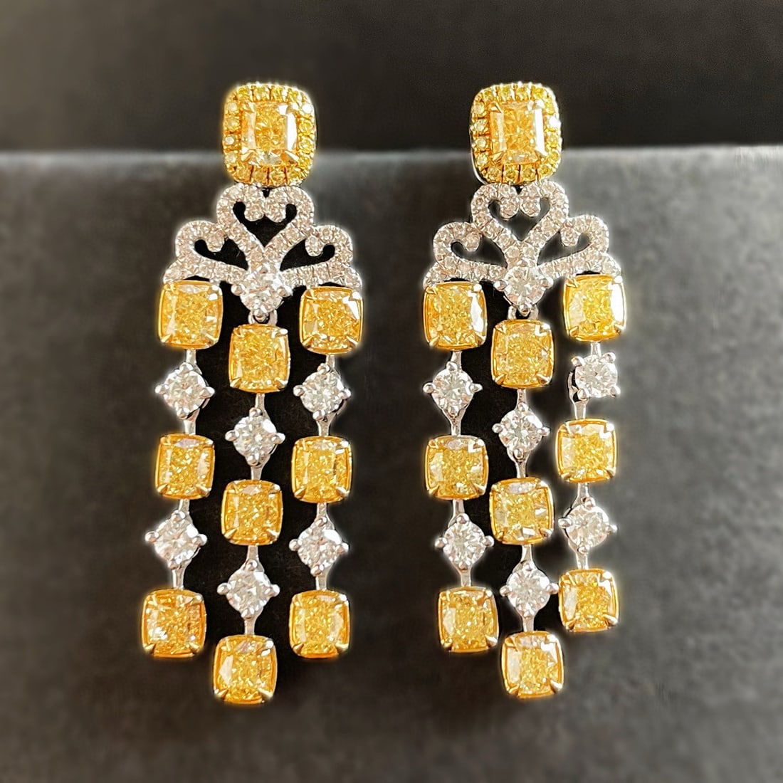 14k Gold 4.16 Ctw Natural Yellow Diamond & Diamond Earrings: Ref:230996033 // gold content:14k gold // main gemstone:yellow diamond // shape:cushion // carat weight:3. 34ct // color:yellow // treatment:natural // // adjacent gemstone 2 : diamond // shape:round 