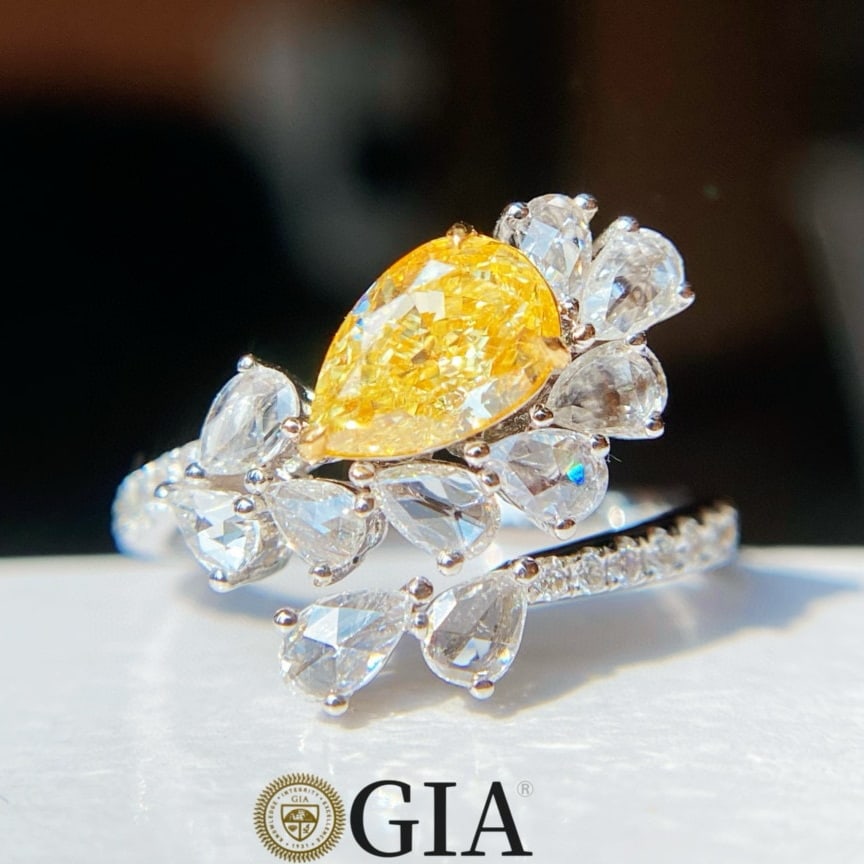 Gia Certified 14k Gold 1.66 Ctw Natural Yellow Diamond & Diamond Ring: Ref:230996034 // gold content:14k gold // ring size:7. 25us // // main gemstone:yellow diamond // certified:gia // shape:pear // carat weight:1. 01ct // clarity grade:si2 // color:yellow //