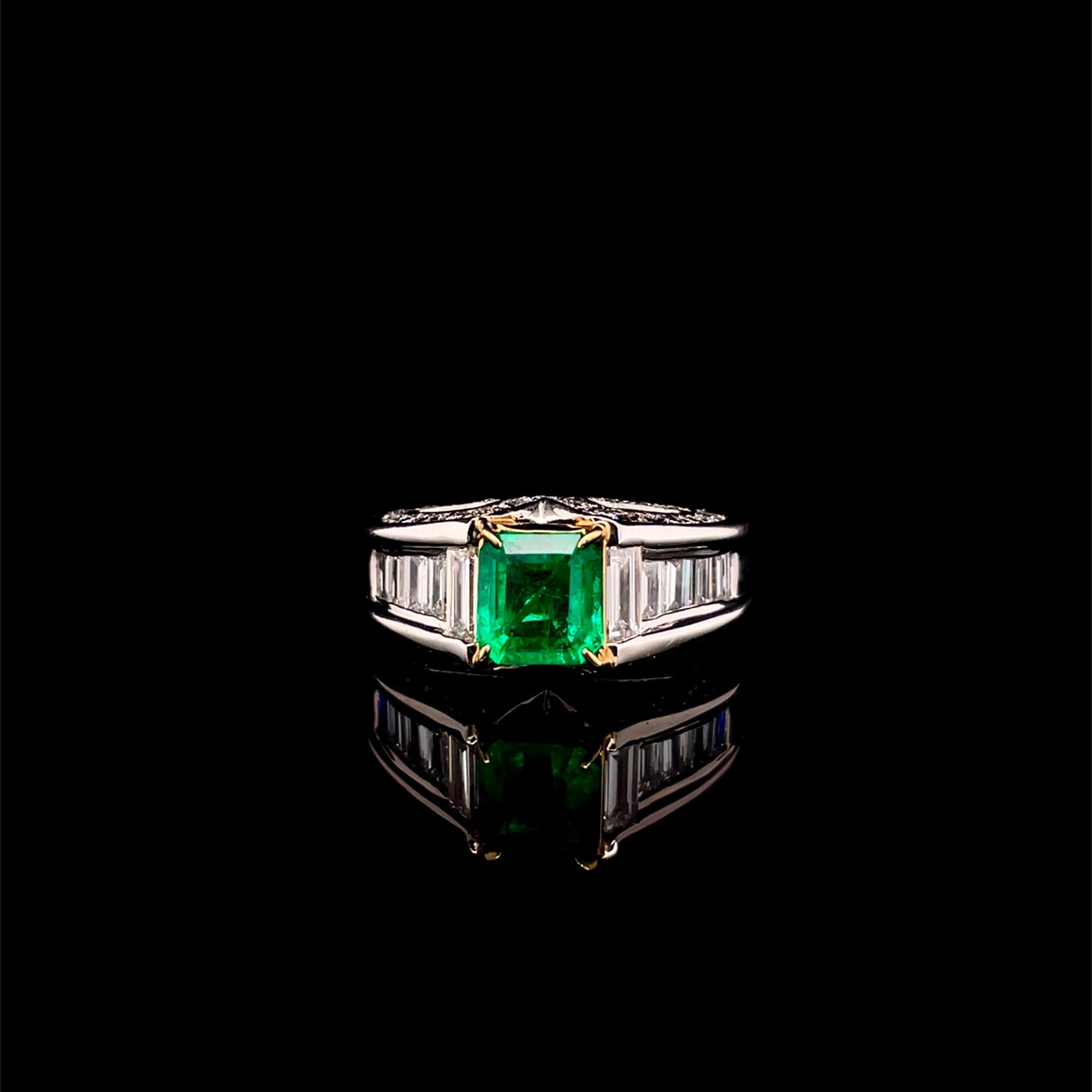 14k Gold 2.25 Ctw Vivid Green Natural Emerald & Diamond Ring: Ref:230996043 // gold content:14k gold // ring size:7. 25us // // main gemstone:emerald // shape:octagonal // carat weight:1. 13ct // color:vivid green // treatment:natural // // adjacent gemstone 2 :