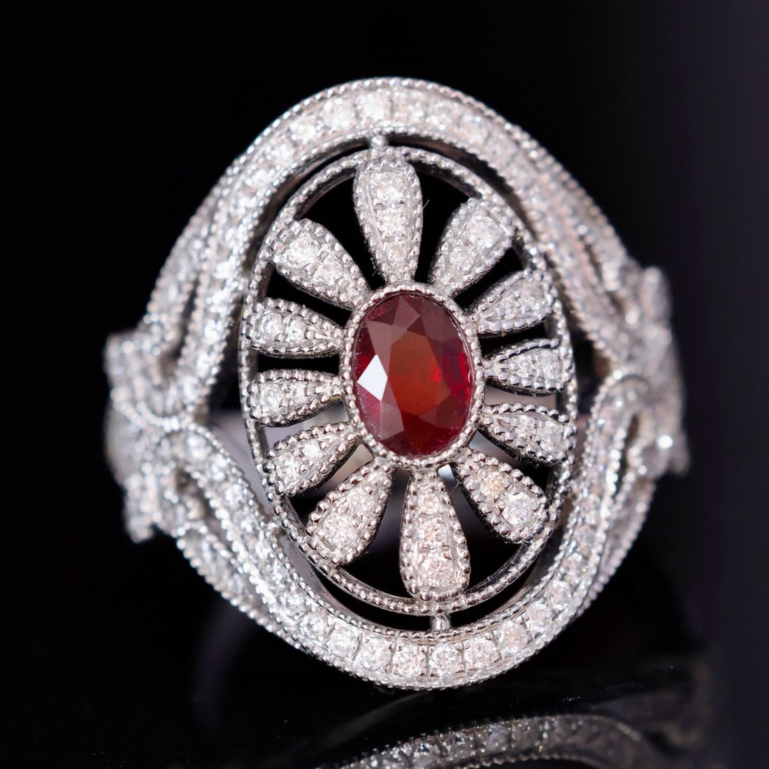 14k Gold 0.94 Ctw Natural Ruby & Diamond Ring: Ref:230996045 // gold content:14k gold // ring size:7. 25us // // main gemstone:ruby // shape:oval // carat weight:0. 46ct // color:pigeonblood red // treatment:natural // // adjacent gemstone 2 :