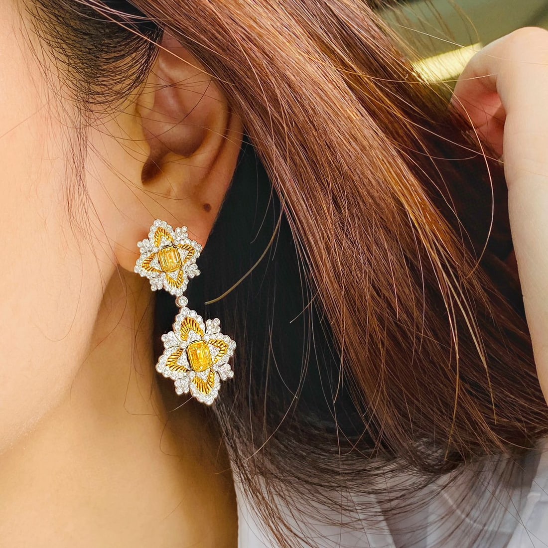 14k Gold 3.70 Ctw Natural Yellow Diamond & Diamond Earrings - 4