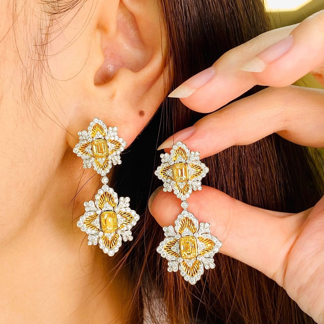14k Gold 3.70 Ctw Natural Yellow Diamond & Diamond Earrings - 5