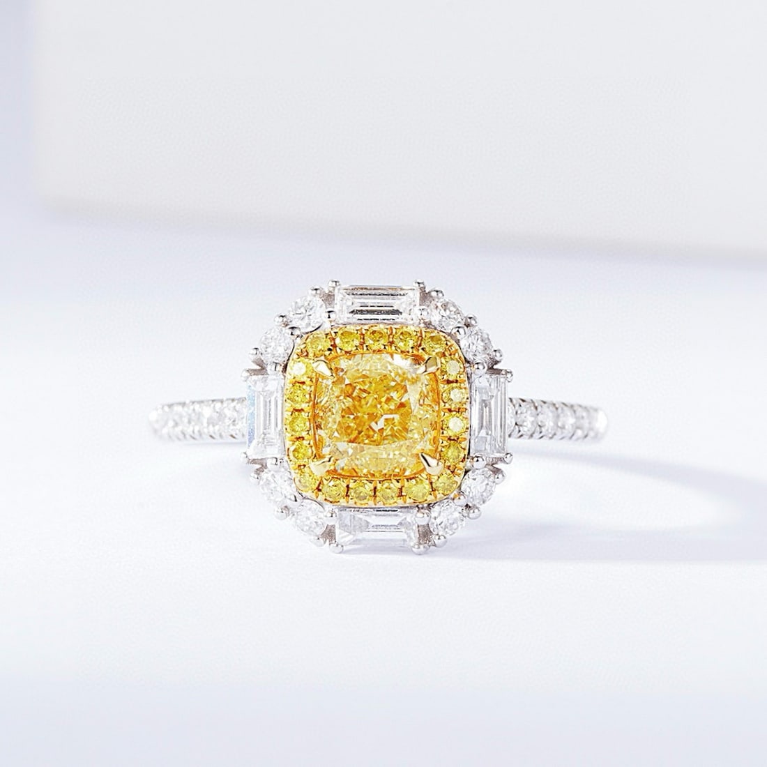 Gia Certified 14k Gold 1.58 Ctw Natural Yellow Diamond & Diamond Ring: Ref:230996055 // gold content:14k gold // ring size:7. 25us // // main gemstone:yellow diamond // certified:gia // shape:cushion // carat weight:1. 00ct // clarity grade:vs2 // color:yellow // treatme
