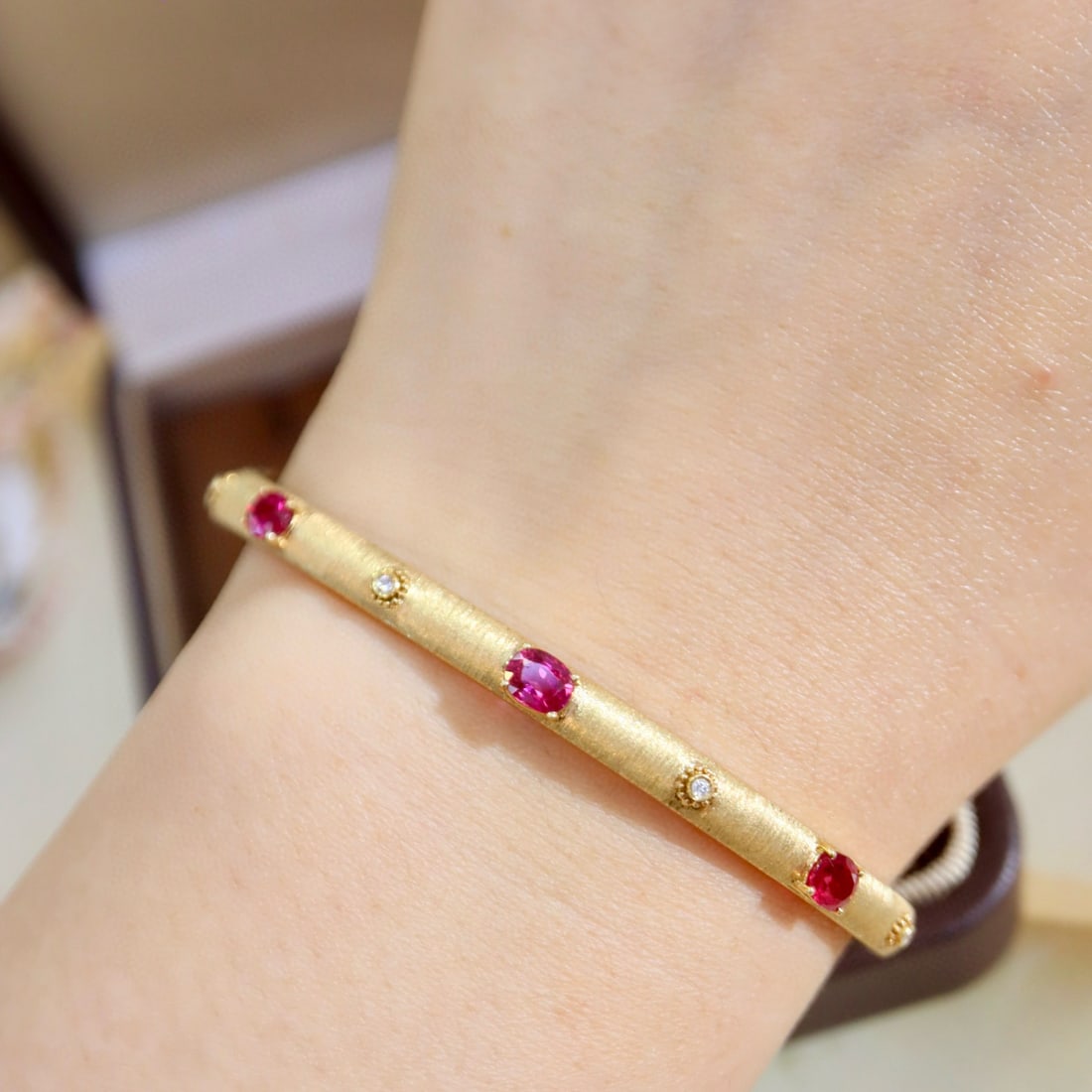 14k Gold 2.86 Ctw Natural Ruby & Diamond Bangle - 5