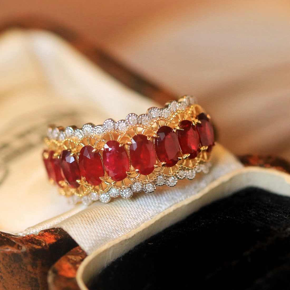 14k Gold 2.82 Ctw Natural Ruby & Diamond Ring: Ref:230996059 // gold content:14k gold // ring size:7. 25us // // main gemstone:ruby // shape:oval // carat weight:2. 63ct // color:pigeonblood red // treatment:natural // // adjacent gemstone 2 :
