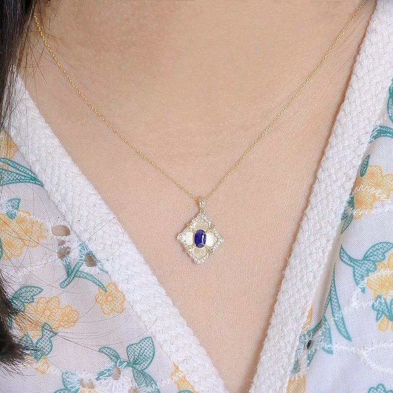 14k Gold 0.7 Ct Natural Sapphire & Diamond Necklace - 3