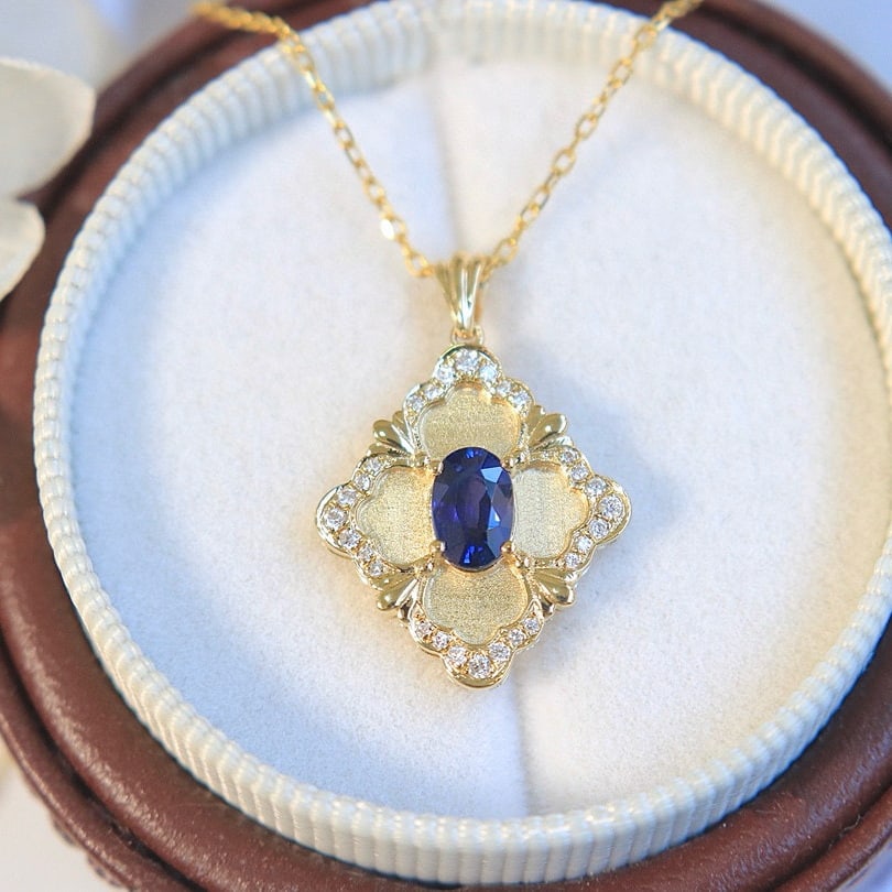 14k Gold 0.7 Ct Natural Sapphire & Diamond Necklace - 5