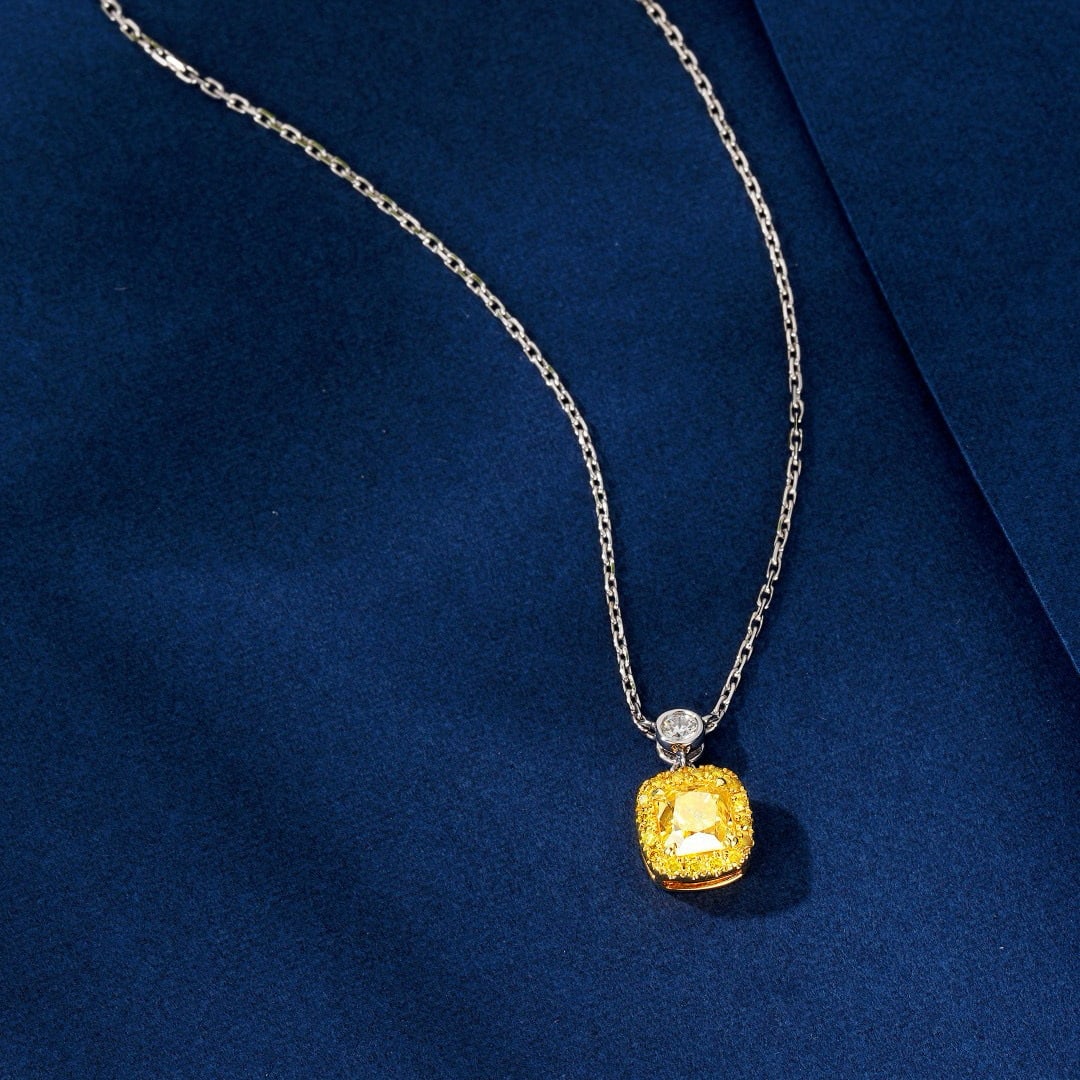 14k Gold 1.12 Ctw Natural Yellow Diamond & Diamond Necklace: Ref:230996081 // gold content:14k gold // main gemstone:yellow diamond // shape:cushion // carat weight:1. 00ct // color:yellow // treatment:natural // // adjacent gemstone 2 : diamond // shape:round 