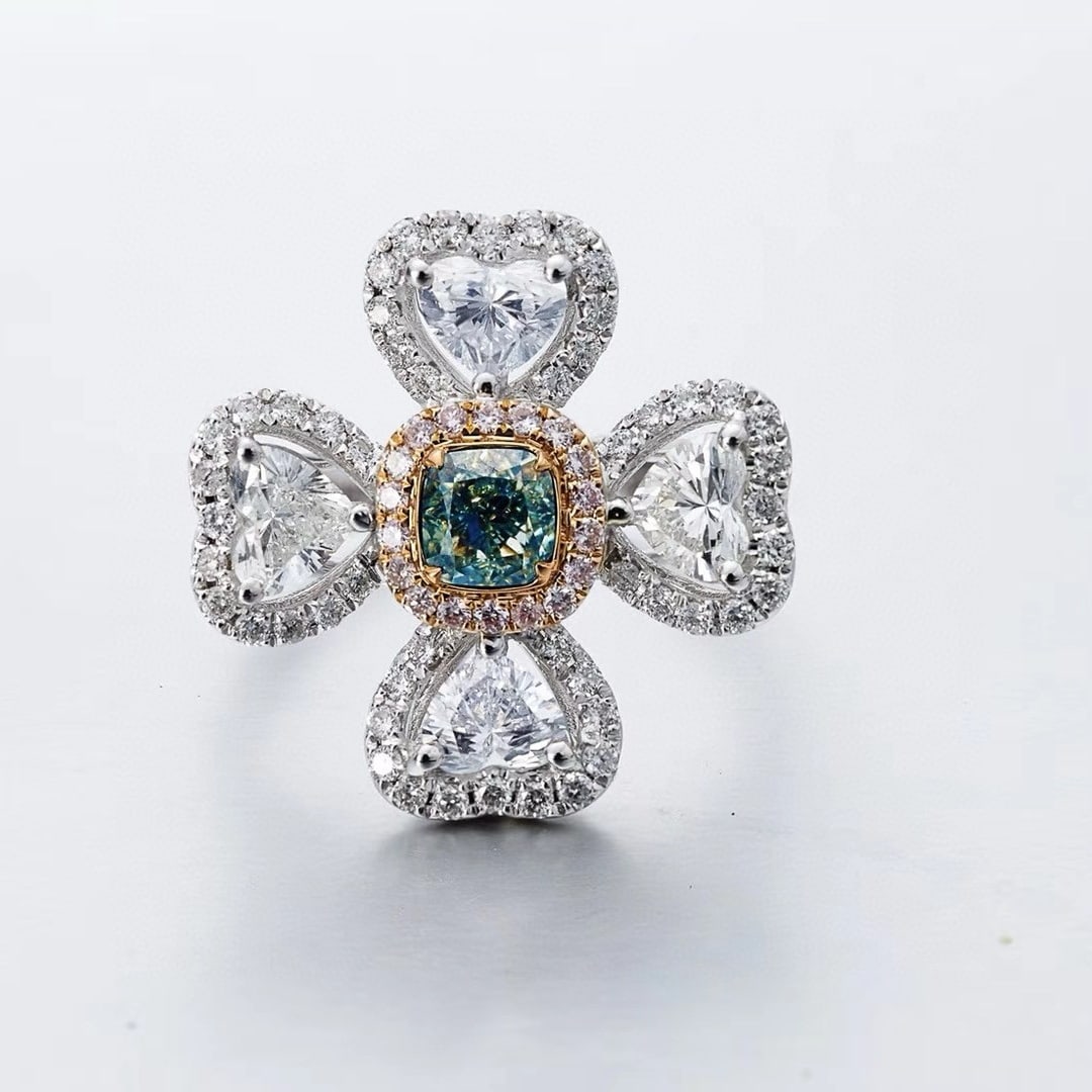 14k Gold 2.63 Ctw Natural Blue Diamond & Diamond Ring: Ref:230996082 // gold content:14k gold // ring size:7. 25us // // main gemstone:blue diamond // shape:cushion // carat weight:0. 61ct // color:blue // treatment:natural // // adjacent gemstone 2 :