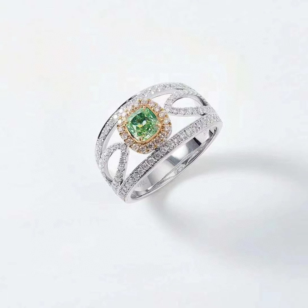 14k Gold 1.38 Ctw Natural Green Diamond & Diamond Ring: Ref:230996083 // gold content:14k gold // ring size:7. 25us // // main gemstone:green diamond // shape:cushion // carat weight:0. 75ct // color:green // treatment:natural // // adjacent gemstone 2 : d