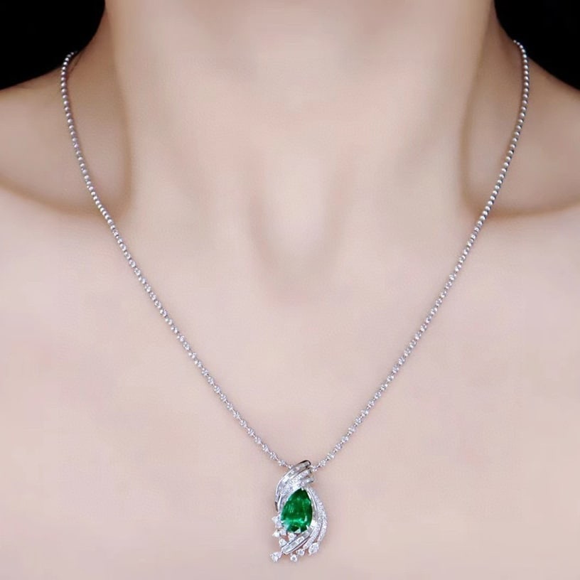 14k Gold 1.45 Ctw Vivid Green Natural Emerald & Diamond Pendant( Without Chain ) - 6