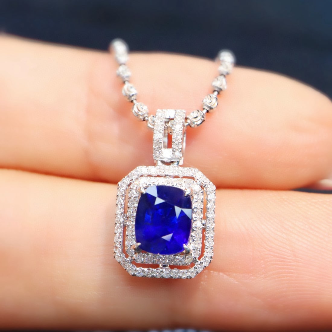 14k Gold 1.36 Ctw Natural Sapphire & Diamond Pendant( Without Chain ): Ref:230996120 // gold content:14k gold // main gemstone:sapphire // shape:cushion // carat weight:1. 15ct // color:royal blue // treatment:natural // // adjacent gemstone 2 : diamond // shape:round