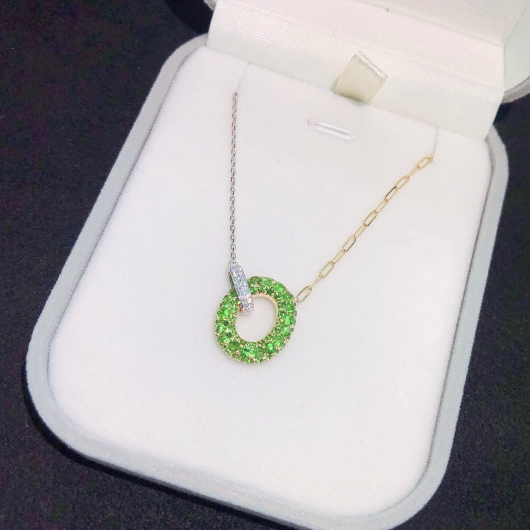 14k Gold 1.72 Ctw Natural Tsavorite & Diamond Necklace: Ref:230996133 // gold content:14k gold // main gemstone:tsavorite // shape:round // carat weight:1. 67ct // color:green // treatment:natural // cut grade:g // // adjacent gemstone 2 : diamond //