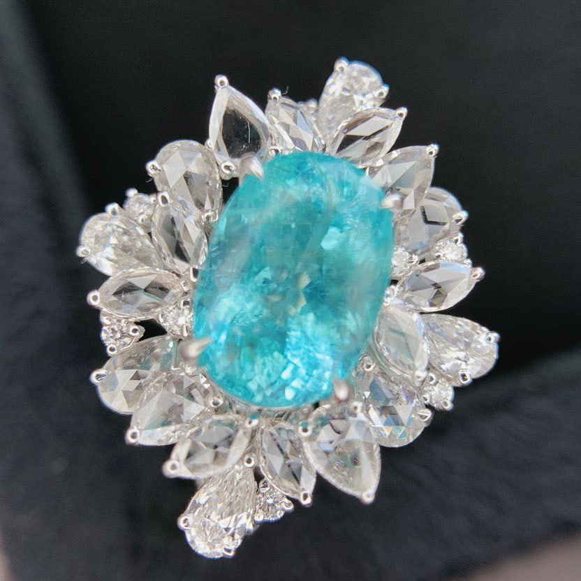 14k Gold 5.26 Ctw Natural Paraiba Tourmaline & Diamond Ring/pendant( Without Chain ): Ref:230996188 // gold content:14k gold // ring size:7. 25us // // main gemstone:paraiba tourmaline // shape:oval // carat weight:3. 48ct // color:neon blue // treatment:natural // // adjacent gemstone