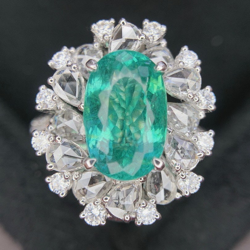 14k Gold 4.78 Ctw Natural Paraiba Tourmaline & Diamond Ring/pendant( Without Chain ): Ref:230996190 // gold content:14k gold // ring size:7. 25us // // main gemstone:paraiba tourmaline // shape:oval // carat weight:3. 36ct // color:neon green // treatment:natural // // adjacent gemston