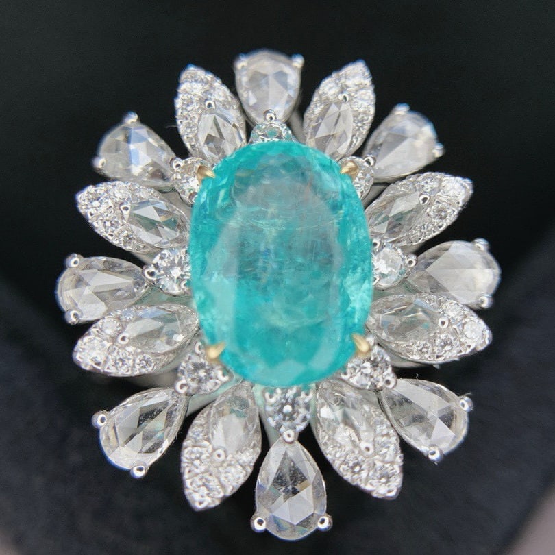 14k Gold 5.04 Ctw Natural Paraiba Tourmaline & Diamond Ring/pendant( Without Chain ): Ref:230996191 // gold content:14k gold // ring size:7. 25us // // main gemstone:paraiba tourmaline // shape:oval // carat weight:3. 18ct // color:neon blue // treatment:natural // // adjacent gemstone