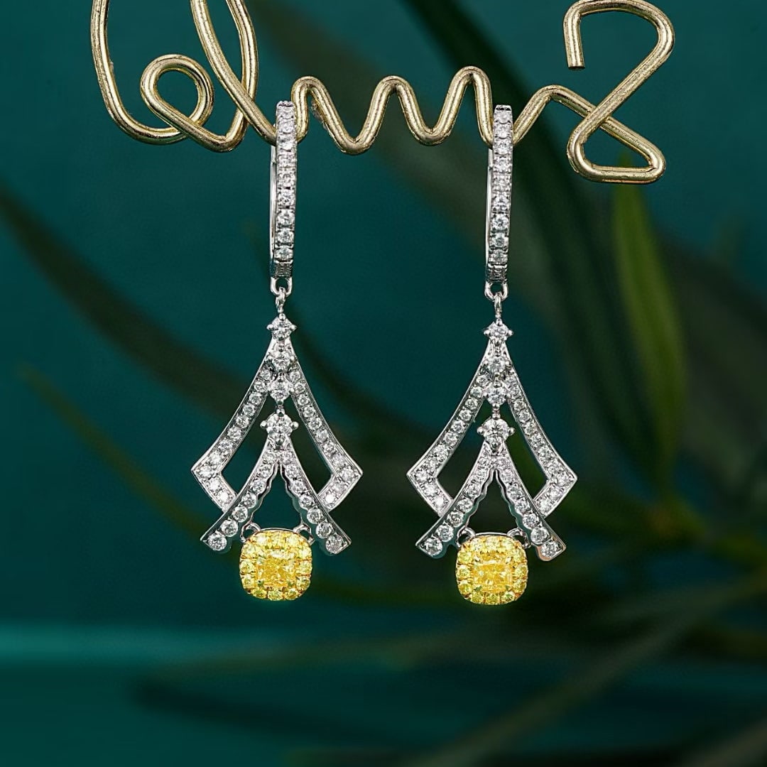 14k Gold 0.97 Ctw Natural Yellow Diamond & Diamond Earrings: Ref:230996192 // gold content:14k gold // main gemstone:yellow diamond // shape:cushion // carat weight:0. 27ct // color:yellow // treatment:natural // // adjacent gemstone 2 : diamond // shape:round