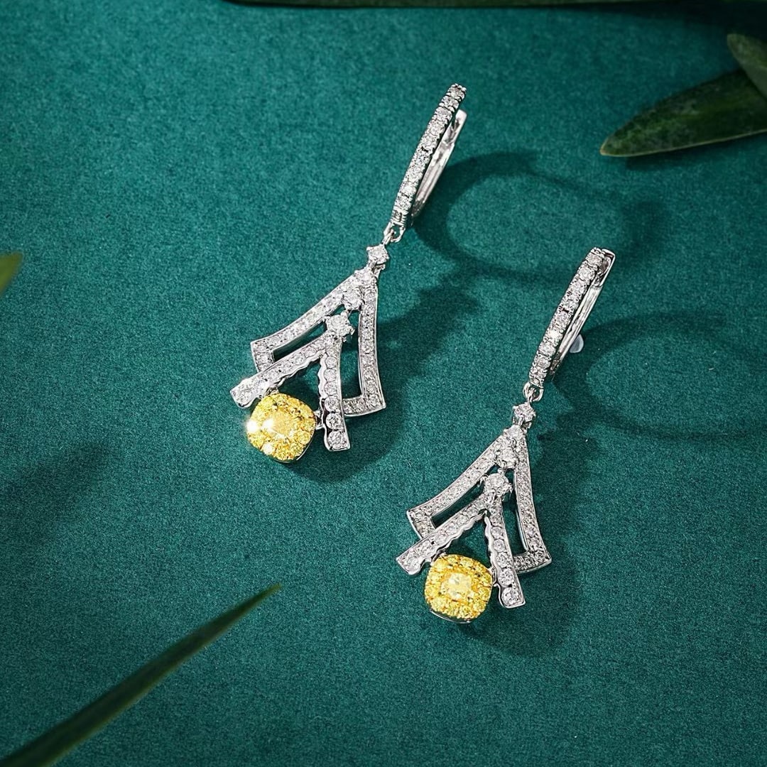 14k Gold 0.97 Ctw Natural Yellow Diamond & Diamond Earrings - 3