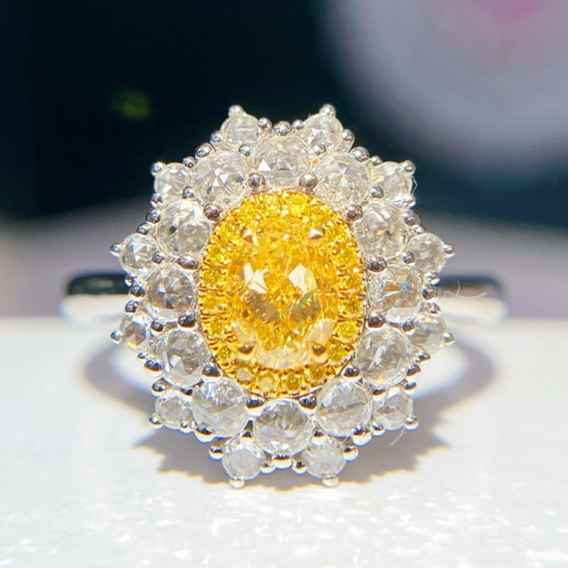 14k Gold 0.98 Ctw Natural Yellow Diamond & Diamond Ring: Ref:230996197 // gold content:14k gold // ring size:7. 25us // // main gemstone:yellow diamond // shape:oval // carat weight:0. 51ct // color:yellow // treatment:natural // // adjacent gemstone 2 : di