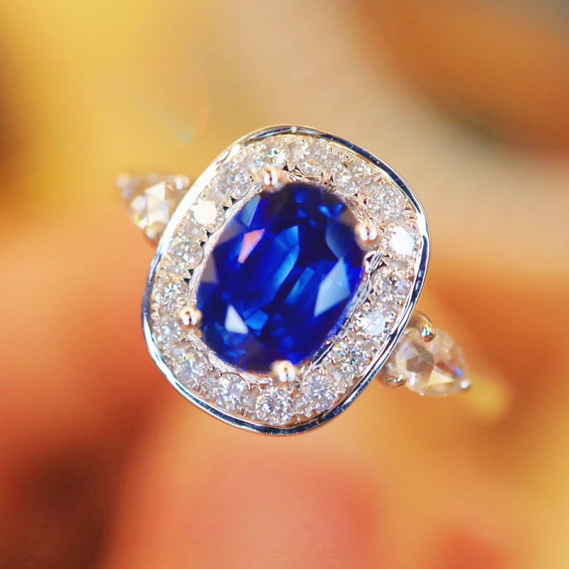 14k Gold 1.20 Ctw Natural Sapphire & Diamond Ring: Ref:230996214 // gold content:14k gold // ring size:7. 25us // // main gemstone:sapphire // shape:oval // carat weight:0. 93ct // color:royal blue // treatment:natural // // adjacent gemstone 2 :