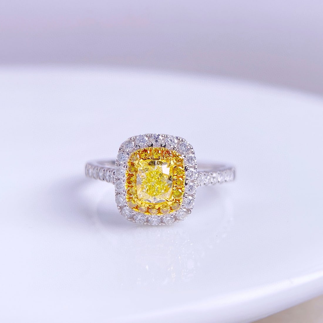 14k Gold 1.09 Ctw Natural Yellow Diamond & Diamond Ring: Ref:230996226 // gold content:14k gold // ring size:7. 25us // // main gemstone:yellow diamond // shape:cushion // carat weight:0. 54ct // color:yellow // treatment:natural // // adjacent gemstone 2