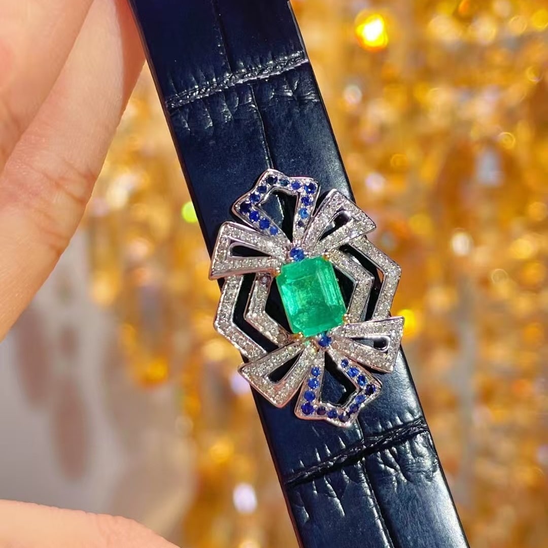 14k Gold 1.01 Ct Vivid Green Natural Emerald & Diamond & Sapphire Bangle/pendant( Without Chain ) - 2
