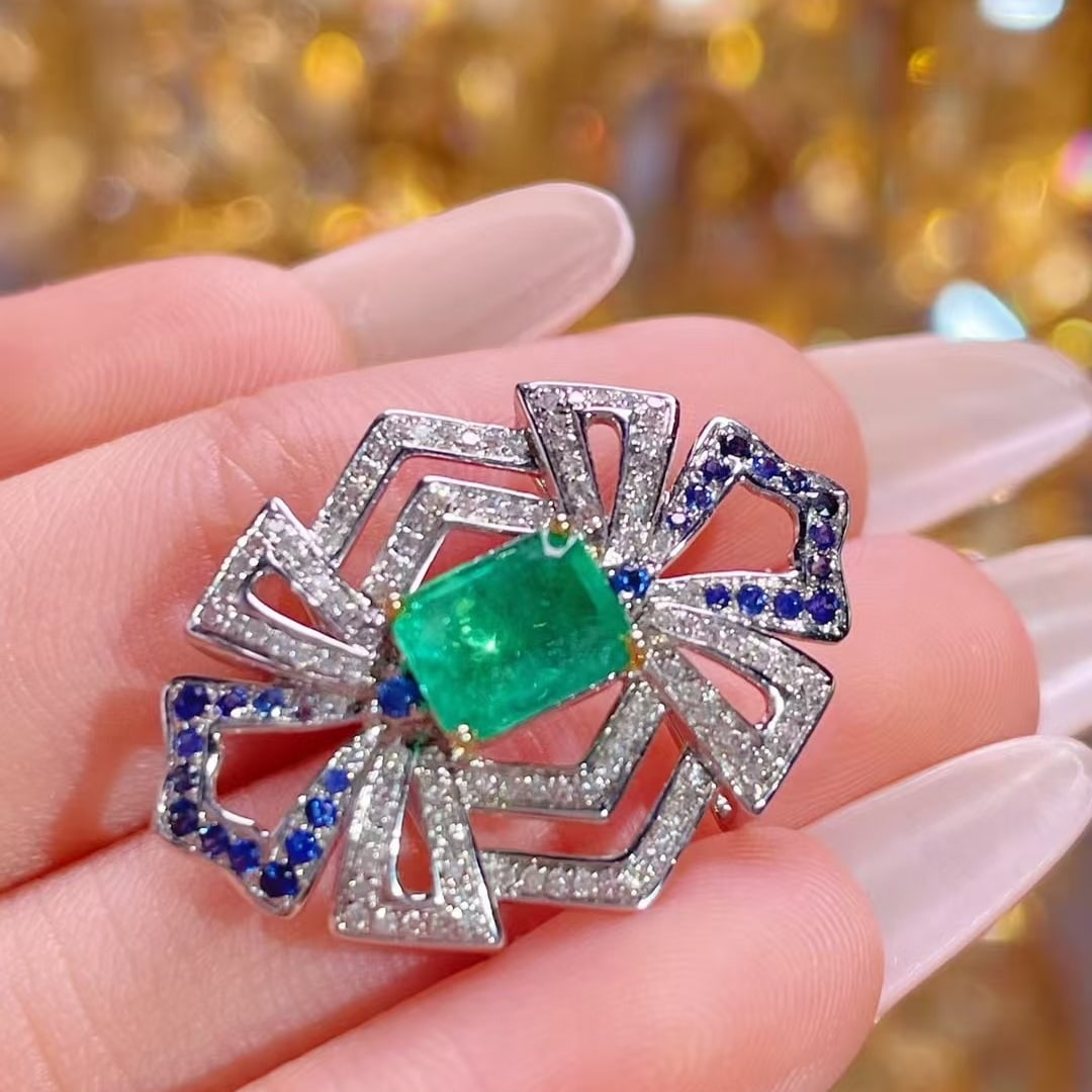 14k Gold 1.01 Ct Vivid Green Natural Emerald & Diamond & Sapphire Bangle/pendant( Without Chain ) - 3