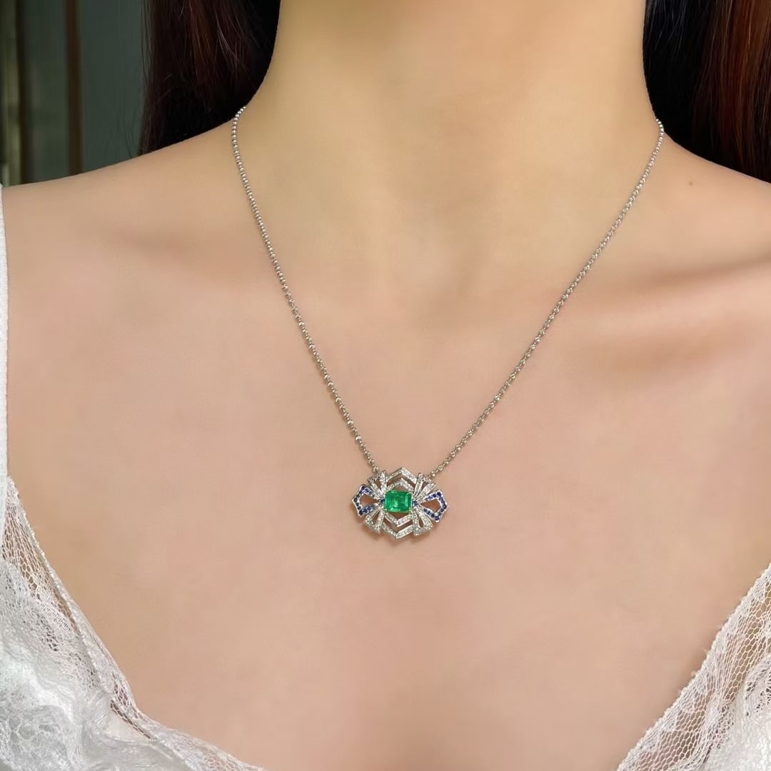 14k Gold 1.01 Ct Vivid Green Natural Emerald & Diamond & Sapphire Bangle/pendant( Without Chain ) - 4