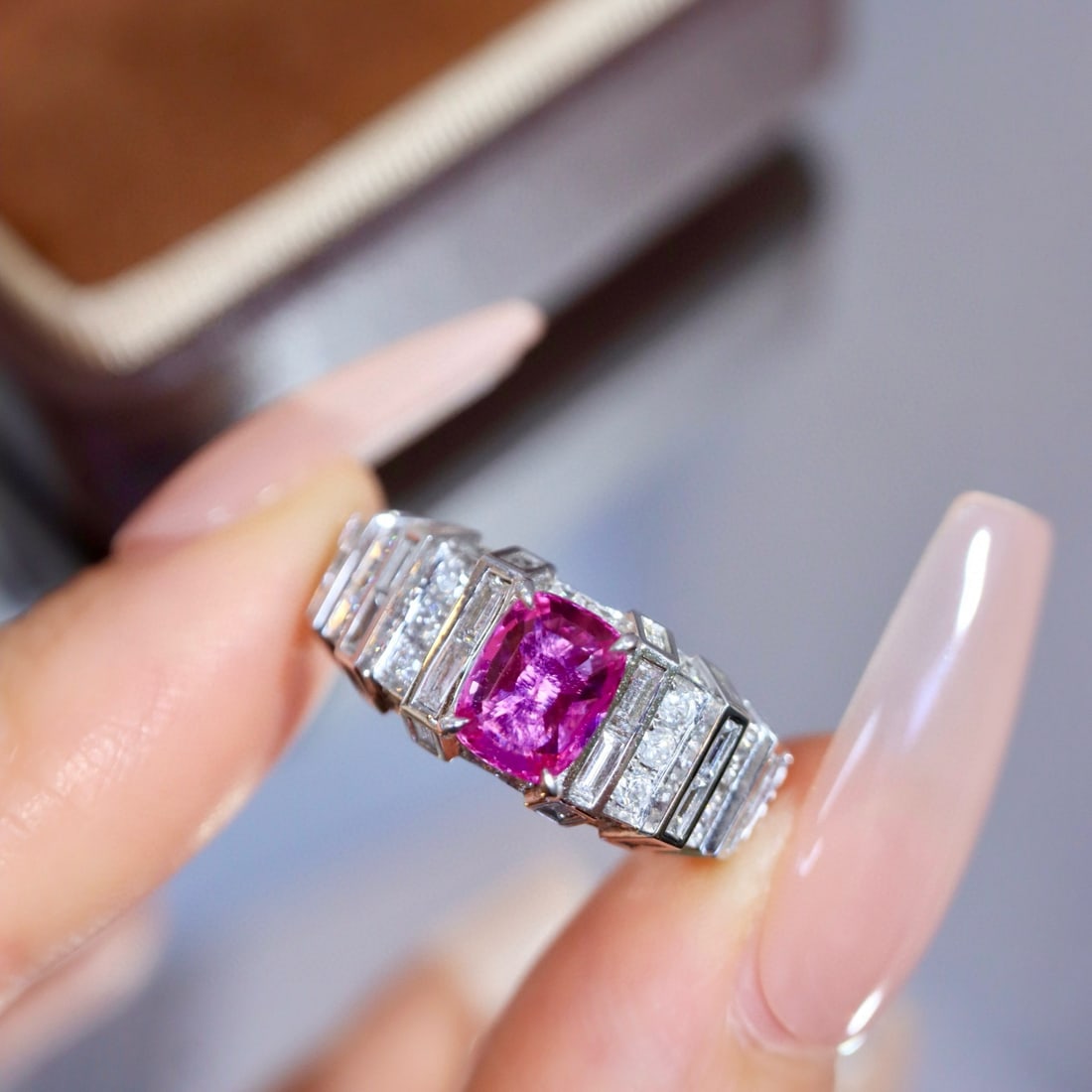 14k Gold 2.54 Ctw Natural Padparadscha Sapphire & Diamond Ring: Ref:230996235 // gold content:14k gold // ring size:7. 25us // // main gemstone:padparadscha sapphire // shape:cushion // carat weight:1. 54ct // color:orangish pink // treatment:natural // // adjacen